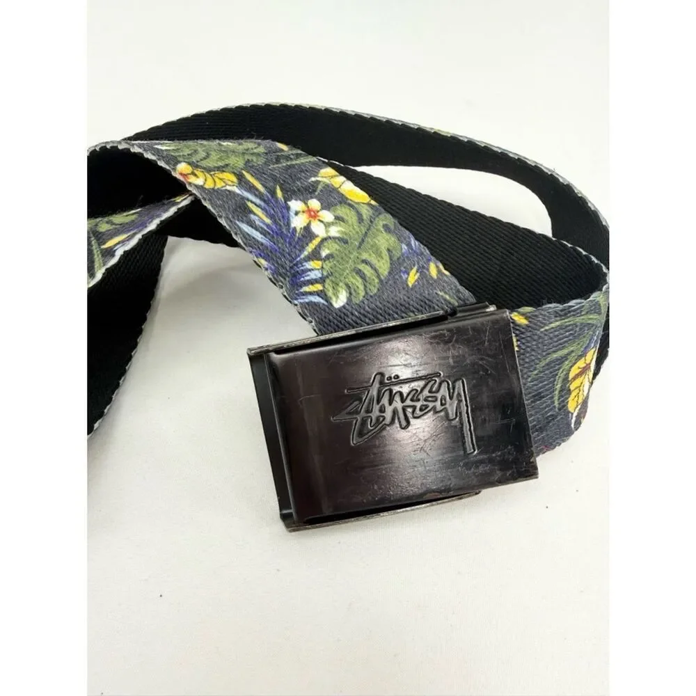 Stussy Navy Blue Yellow Tropical Floral Adjustable Nylon Unisex Belt